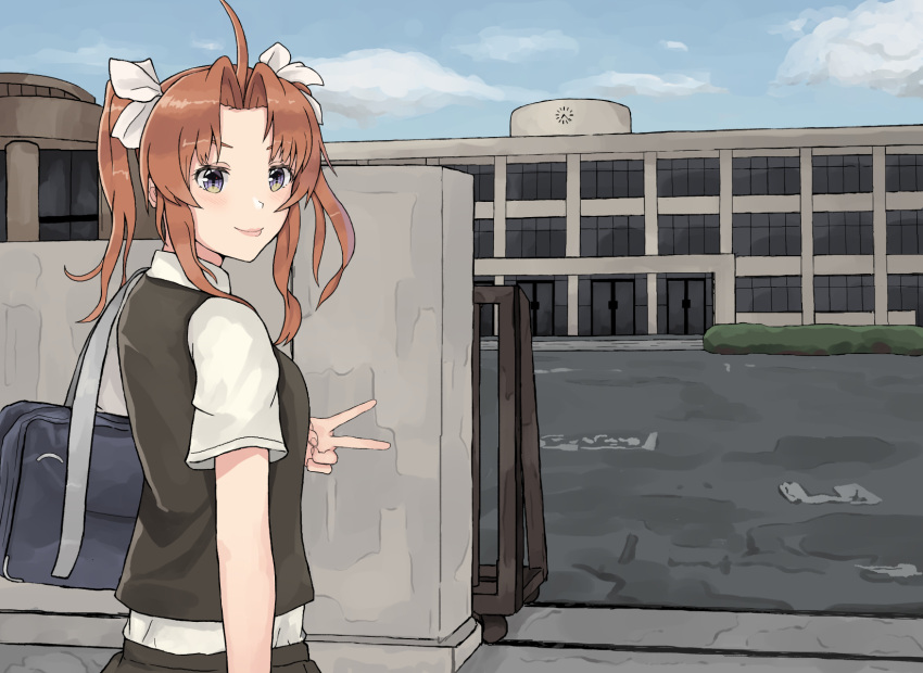 1girl ahoge bag black_vest blue_sky brown_hair clouds commentary_request day grey_eyes hair_ribbon highres kagerou_(kantai_collection) kantai_collection long_hair looking_at_viewer nakano_kiho outdoors remodel_(kantai_collection) ribbon school school_bag school_uniform shirt short_sleeves sky solo tongue tongue_out twintails upper_body v vest white_ribbon white_shirt yellow_ribbon