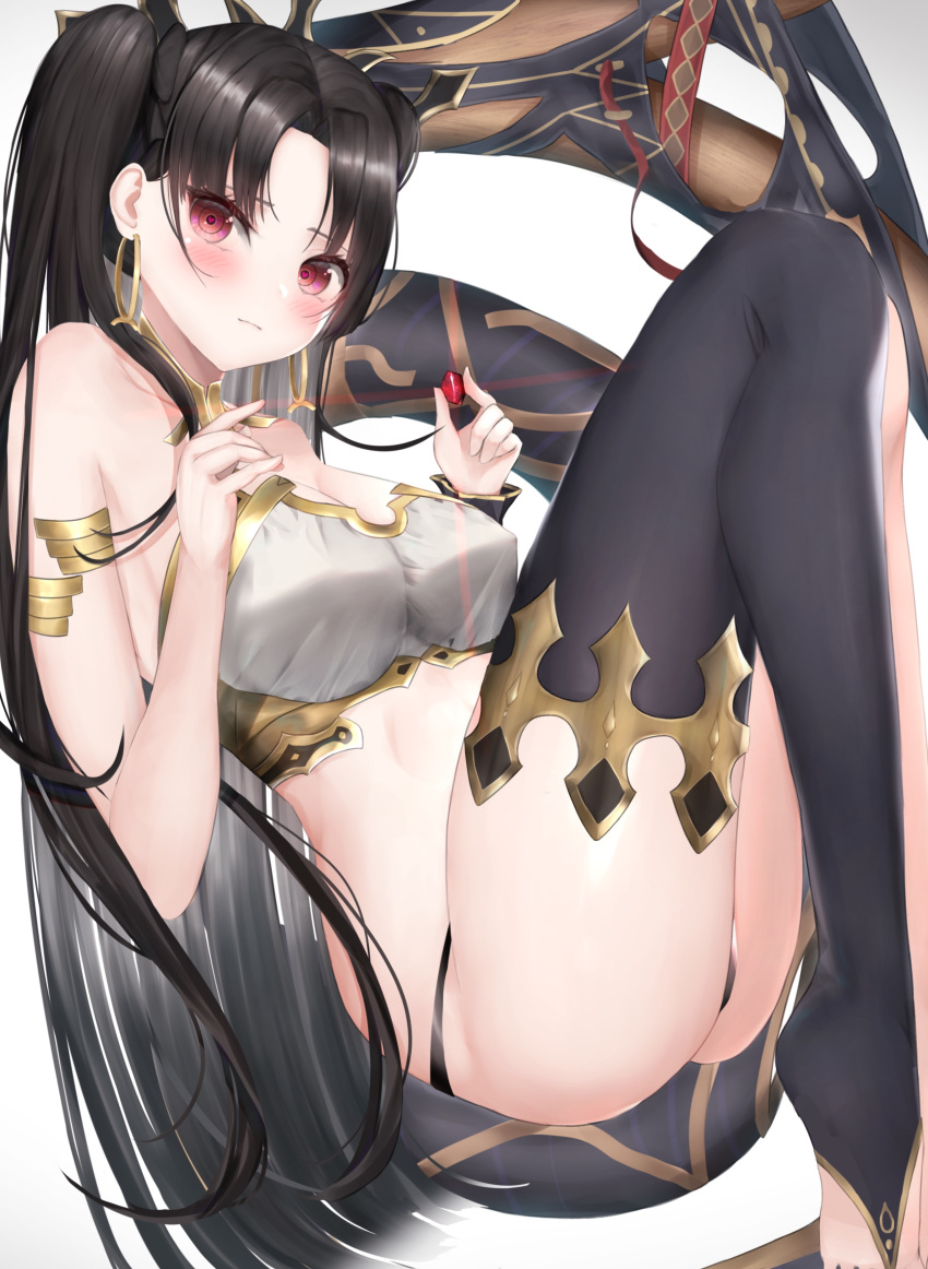 1girl absurdres armlet asymmetrical_legwear asymmetrical_sleeves bangs bare_shoulders black_hair blush breasts bridal_gauntlets crown detached_collar earrings elbow_gloves fate/grand_order fate_(series) gloves hair_ribbon highres holding hoop_earrings ishtar_(fate/grand_order) jewelry long_hair looking_at_viewer medium_breasts navel parted_bangs red_eyes ribbon single_elbow_glove single_thighhigh smile solo thigh-highs toeless_legwear two_side_up user_yexh7882