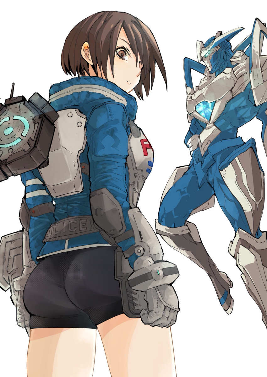 1girl akira_howard ass astral_chain boots brown_eyes brown_hair chain gloves highres jacket knee_boots long_sleeves looking_at_viewer nikukaiq police police_uniform short_hair simple_background solo uniform white_background