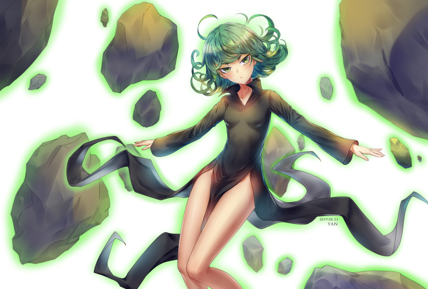 1girl 2019 2578221183 absurdres artist_name black_dress breasts closed_mouth dated dress floating_hair green_eyes green_hair head_tilt highres long_hair long_sleeves one-punch_man outstretched_arms shiny shiny_hair side_slit small_breasts solo tatsumaki