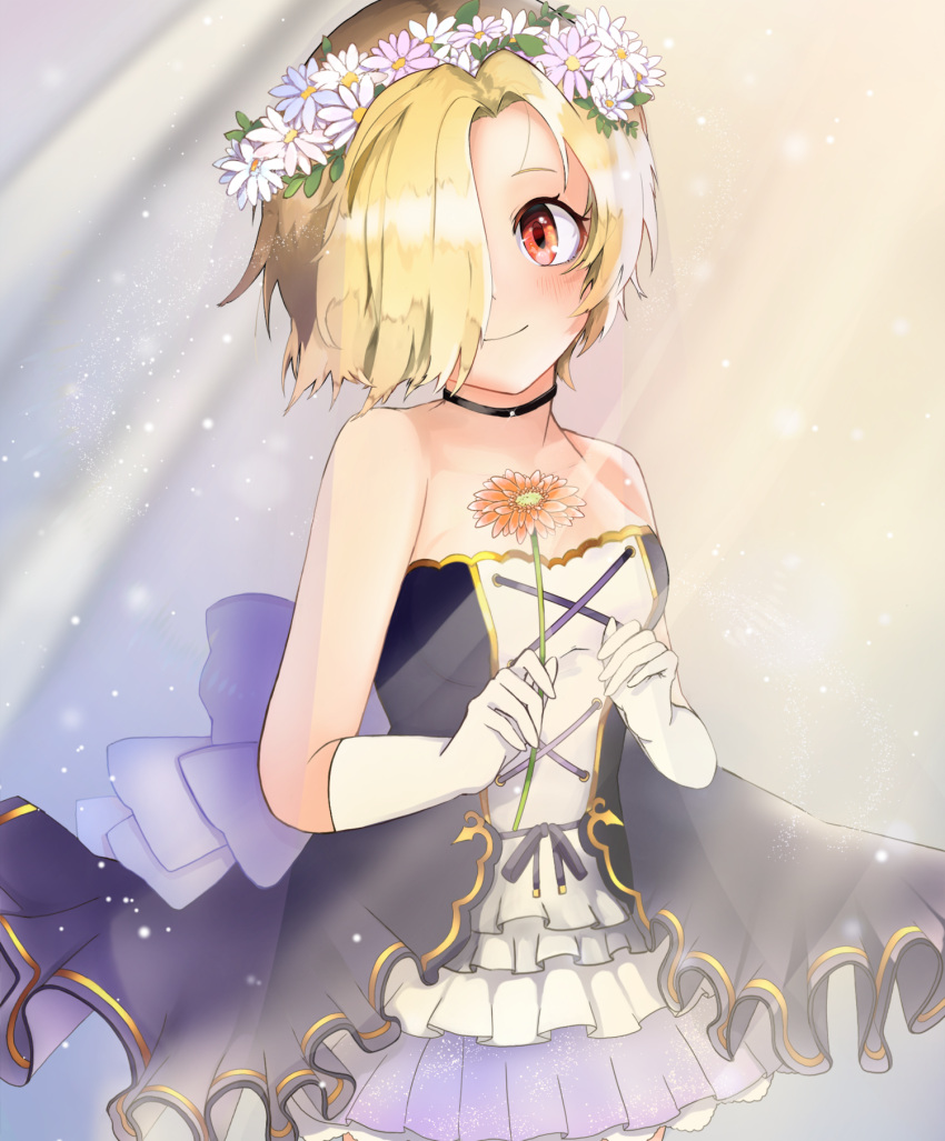 1girl bare_shoulders black_choker blonde_hair blurry blurry_background blush breasts choker commentary_request cowboy_shot daisy dress elbow_gloves flower gloves gradient gradient_background hair_over_one_eye head_tilt head_wreath highres holding holding_flower idolmaster idolmaster_cinderella_girls layered_dress light_particles looking_at_viewer red_eyes shirasaka_koume short_hair small_breasts smile solo strapless strapless_dress umino_hachi white_gloves