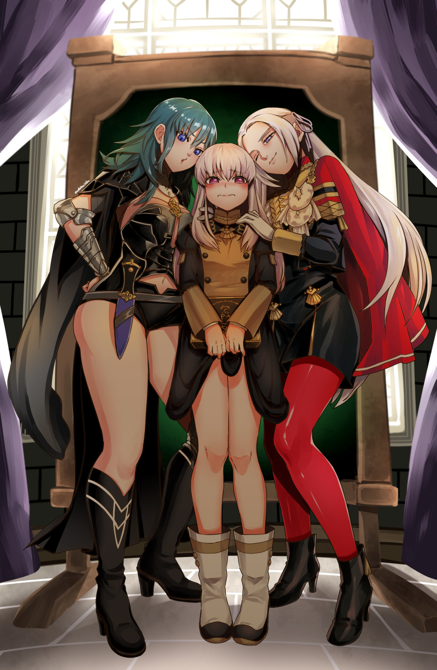 3girls absurdres bangs black_footwear blue_eyes blue_hair blush byleth_(fire_emblem) byleth_eisner_(female) cape commentary dagger dress edelgard_von_hresvelg eudetenis eyebrows_visible_through_hair fire_emblem fire_emblem:_three_houses full_body half-closed_eye highres looking_at_viewer lysithea_von_ordelia multiple_girls navel no_legwear one_eye_closed pantyhose parted_bangs red_cape red_legwear wavy_mouth weapon white_hair