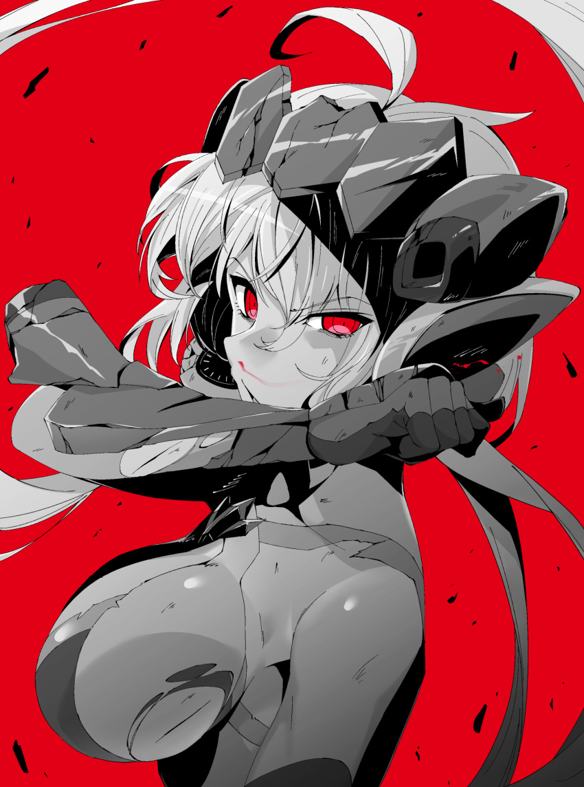 1girl ahoge blood breasts damaged gloves hal-bard highres large_breasts limited_palette nosebleed red_background red_eyes senki_zesshou_symphogear torn_clothes wiping_face yukine_chris