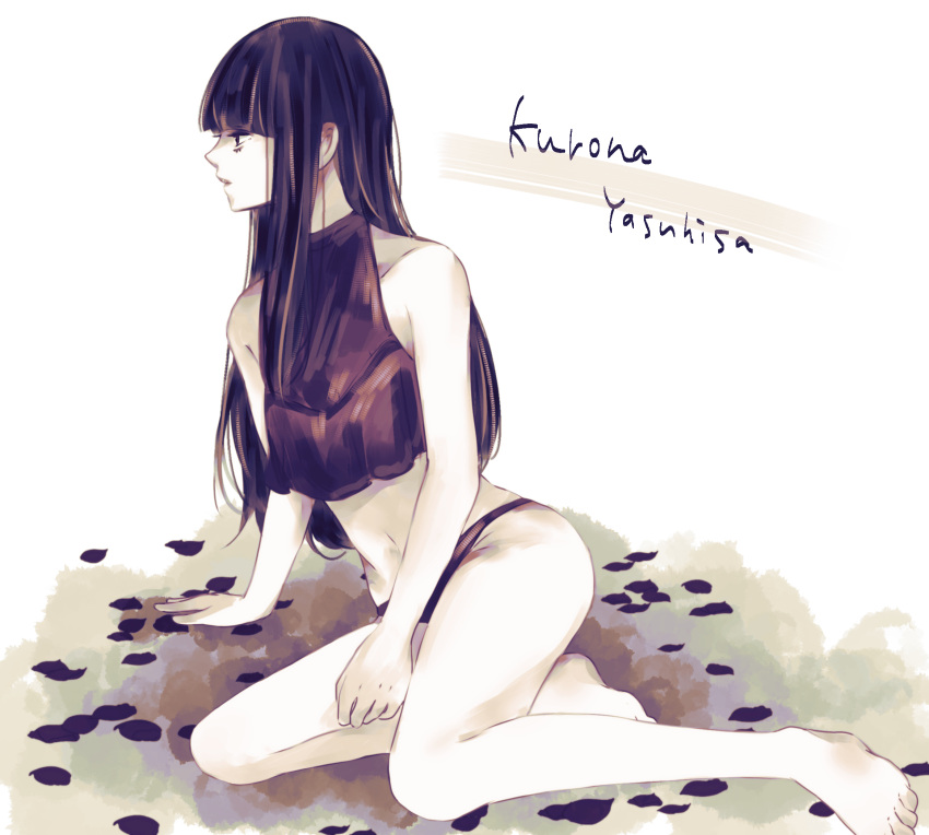 1girl bare_arms bare_legs bare_shoulders barefoot black_eyes black_hair black_panties commentary_request from_side highres leaf long_hair on_ground panties sitting solo tokyo_ghoul toukaairab underwear yasuhisa_kurona