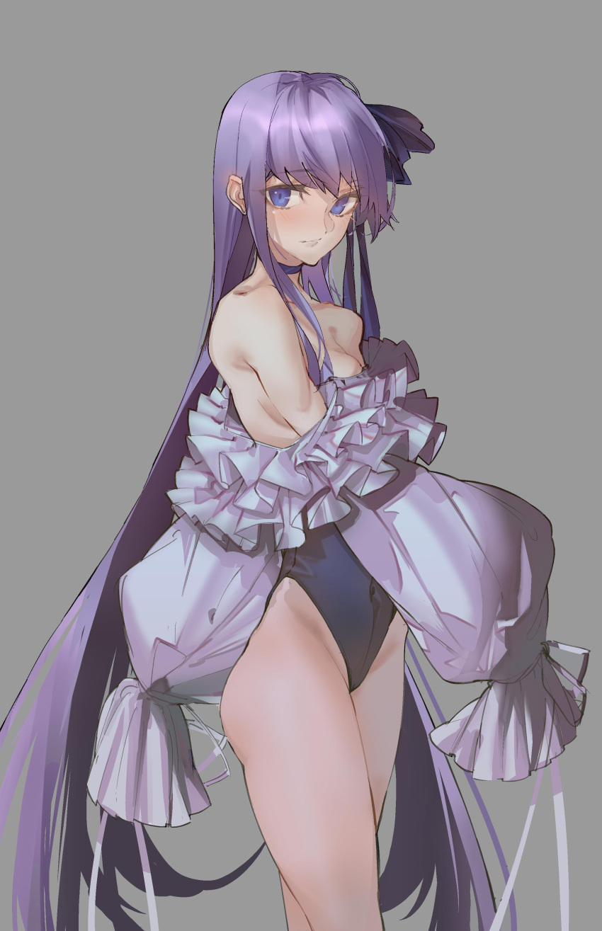absurdres bare_shoulders blue_choker blue_eyes blue_ribbon breasts choker fate/grand_order fate_(series) frilled_sleeves frills highleg highleg_swimsuit highres kazukingu looking_at_viewer meltryllis meltryllis_(swimsuit_lancer)_(fate) purple_hair ribbon sleeves_past_fingers sleeves_past_wrists swimsuit