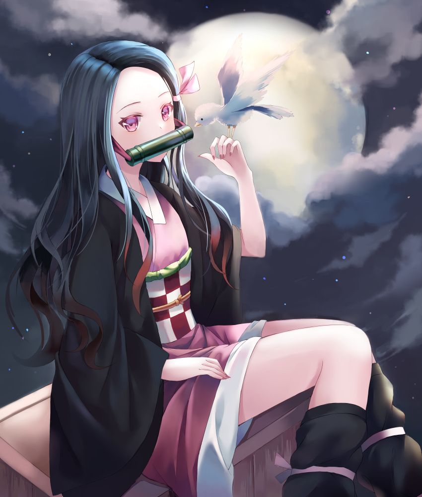 1girl absurdres bird bird_on_hand black_hair black_legwear brown_hair fingernails full_moon gradient_hair haori highres japanese_clothes kamado_nezuko kimetsu_no_yaiba kimono kneehighs long_hair long_sleeves looking_at_viewer moon multicolored_hair nail_polish naryoung night night_sky pink_eyes pink_kimono pink_nails sharp_fingernails shiny shiny_hair sitting sky solo very_long_hair