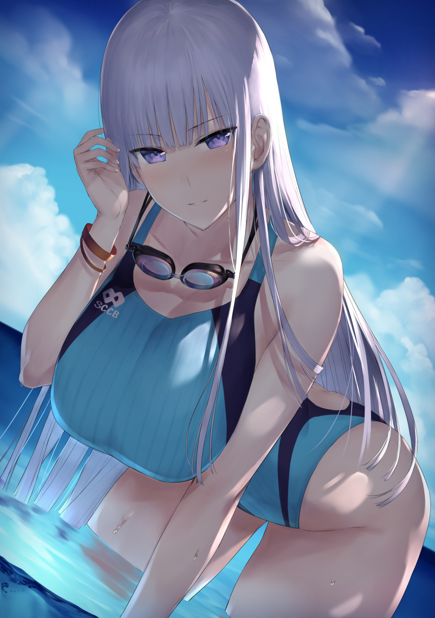 1girl akitaka_akita ass bangs bent_over blue_sky blush bracelet breasts clouds competition_swimsuit eyebrows_visible_through_hair goggles goggles_around_neck grin highres jewelry large_breasts one-piece_swimsuit original outdoors purple_hair sky smile solo swimsuit violet_eyes wading