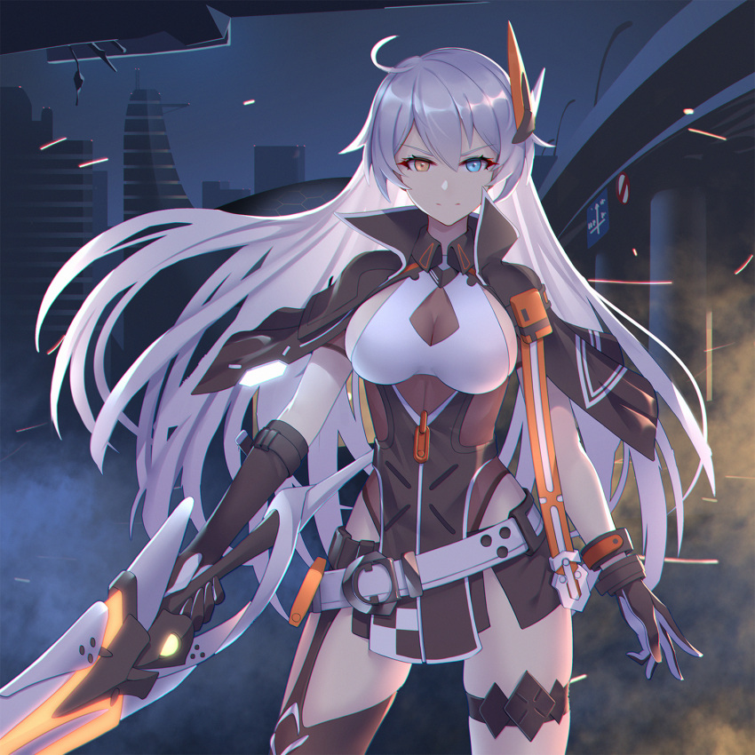 1girl ahoge bangs belt blue_eyes breasts cityscape cowboy_shot cropped_jacket elbow_gloves floating_hair gloves hair_between_eyes hair_ornament heterochromia high_collar highres holding_lance honkai_(series) honkai_impact_3rd kiana_kaslana kiana_kaslana_(void_drifter) lance large_breasts light_smile liu_lan long_hair looking_at_viewer night open_mouth polearm sidelocks silver_hair single_elbow_glove very_long_hair weapon yellow_eyes