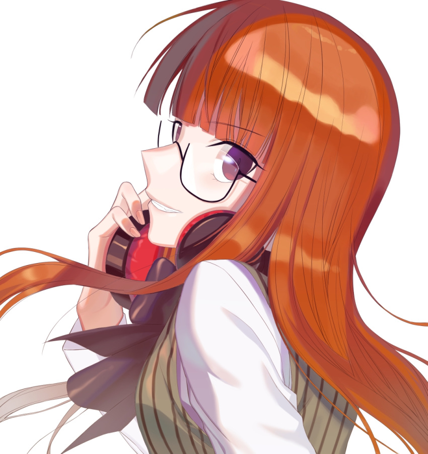 1girl atlus bangs black_bow black_eyes bow commentary eyebrows_visible_through_hair female_focus glasses grin headphones large_bow lemonpear long_hair looking_at_viewer megami_tensei orange_hair persona persona_5 sakura_futaba shirt simple_background smile solo striped striped_sweater sweater white_background white_shirt