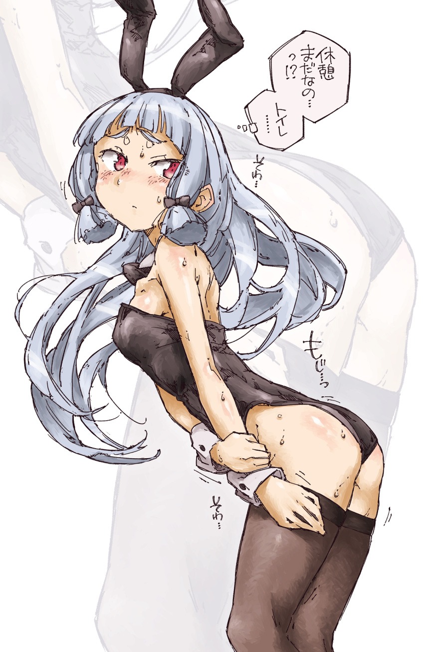 1girl alternate_costume ass bangs bare_shoulders black_hairband black_legwear black_leotard black_neckwear blue_hair blunt_bangs blush bow bowtie breasts bunnysuit closed_mouth commentary_request detached_collar eyebrows_visible_through_hair from_side hair_bow hairband have_to_pee highres kantai_collection koorimizu leaning_forward leotard long_hair looking_back murakumo_(kantai_collection) nervous nose_blush red_eyes shiny shiny_hair shiny_skin skindentation small_breasts solo standing strapless strapless_leotard sweat text_focus thigh-highs thought_bubble translated wrist_cuffs zoom_layer