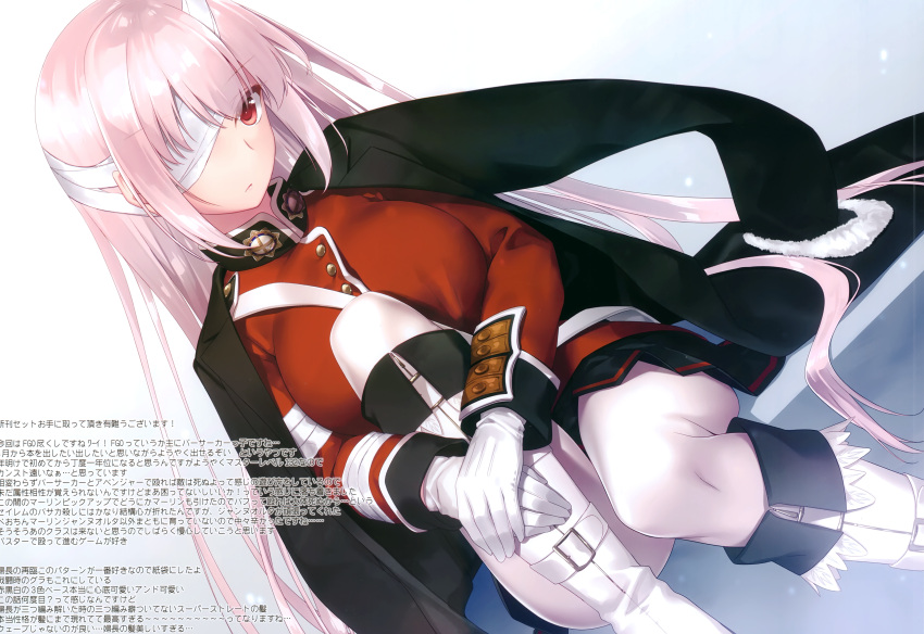 1girl absurdres bandage_over_one_eye bandages bangs belt_boots black_ribbon black_skirt boots braid breasts closed_mouth fate/grand_order fate_(series) florence_nightingale_(fate/grand_order) full_body gloves hair_ribbon highres jacket knee_boots long_hair looking_at_viewer medium_breasts military military_uniform motomiya_mitsuki pale_skin pantyhose parted_lips red_eyes red_jacket ribbon scan silver_hair single_braid skirt solo uniform white_footwear white_gloves