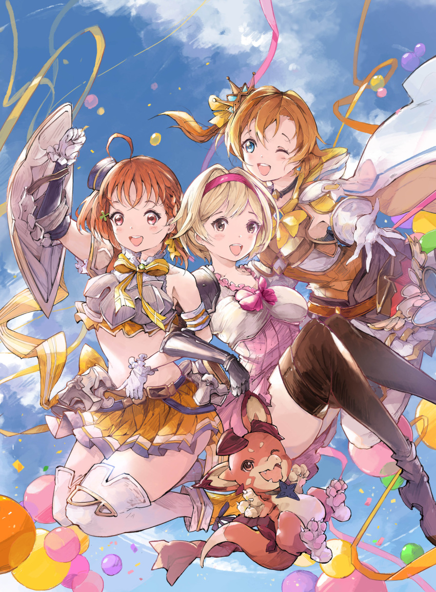 3girls absurdres ahoge animal bangs blonde_hair blue_eyes blue_sky blush boots brown_eyes cape djeeta_(granblue_fantasy) gauntlets gloves granblue_fantasy hair_ornament hairband hat highres kousaka_honoka looking_at_viewer love_live! love_live!_school_idol_project love_live!_sunshine!! midriff mini_hat multiple_girls one_eye_closed one_side_up open_mouth orange_hair pink_hairband pleated_skirt qianqian shield short_hair shoulder_armor skirt sky swept_bangs takami_chika thigh-highs thigh_boots