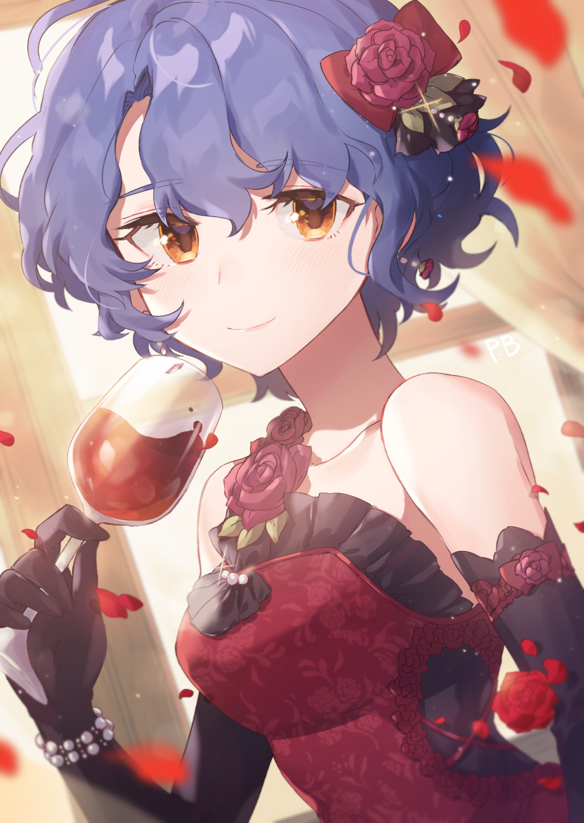 1girl alcohol artist_request bangs bare_shoulders black_gloves blue_hair blurry blurry_background blurry_foreground bracelet collarbone commentary_request cup dress drinking_glass dutch_angle elbow_gloves eyebrows_visible_through_hair flower gloves highres idolmaster idolmaster_million_live! idolmaster_million_live!_theater_days jewelry looking_at_viewer orange_eyes pearl_bracelet petals red_dress red_wine rose short_hair sleeveless sleeveless_dress solo toyokawa_fuuka wine wine_glass