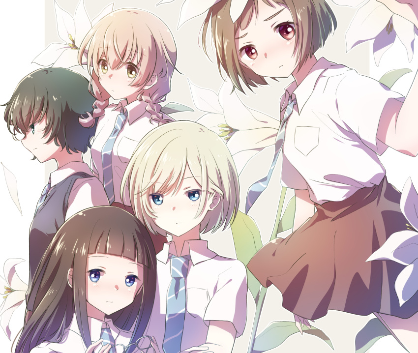 5girls absurdres araburu_kisetsu_no_otome-domo_yo. bangs black_hair blue_eyes blue_neckwear blunt_bangs braid brown_eyes brown_hair brown_skirt eyewear_removed flower glasses green_eyes hand_up highres hongou_hitoha long_hair looking_at_viewer medium_hair multiple_girls necktie nyaa_(nnekoron) onodera_kazusa school_uniform shirt short_hair skirt sonezaki_rika standing sudou_momoko sugawara_niina twin_braids upper_body very_long_hair vest white_shirt yellow_eyes