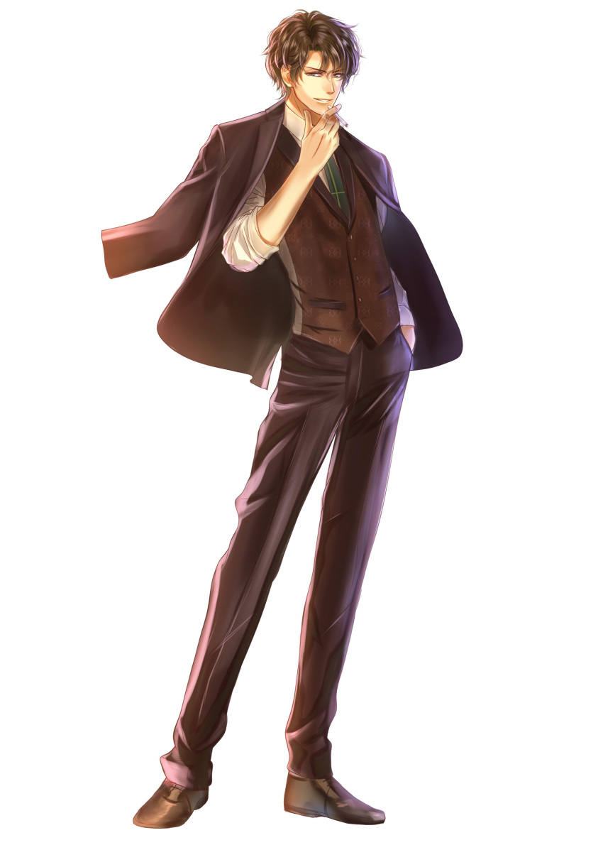 1boy brown_footwear brown_hair brown_vest cigarette formal full_body green_neckwear hand_in_pocket highres izumi_(stardustalone) jacket_on_shoulders male_focus necktie original pants parted_lips simple_background smile smoking solo standing suit tachi-e vest white_background