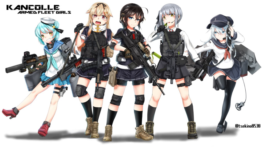 5girls ahoge black_legwear dixie_cup_hat flat_cap full_body gun hair_flaps hair_ornament hair_ribbon hairclip hat headset hibiki_(kantai_collection) highres kantai_collection kasumi_(kantai_collection) knee_pads knife long_hair long_sleeves military_hat multiple_girls pleated_skirt ponytail remodel_(kantai_collection) ribbon rigging sailor_collar samuel_b._roberts_(kantai_collection) scarf school_uniform sekino_takehiro serafuku shadow shigure_(kantai_collection) short_sleeves simple_background skirt socks standing star thigh-highs twitter_username weapon weapon_request white_background white_scarf yuudachi_(kantai_collection)