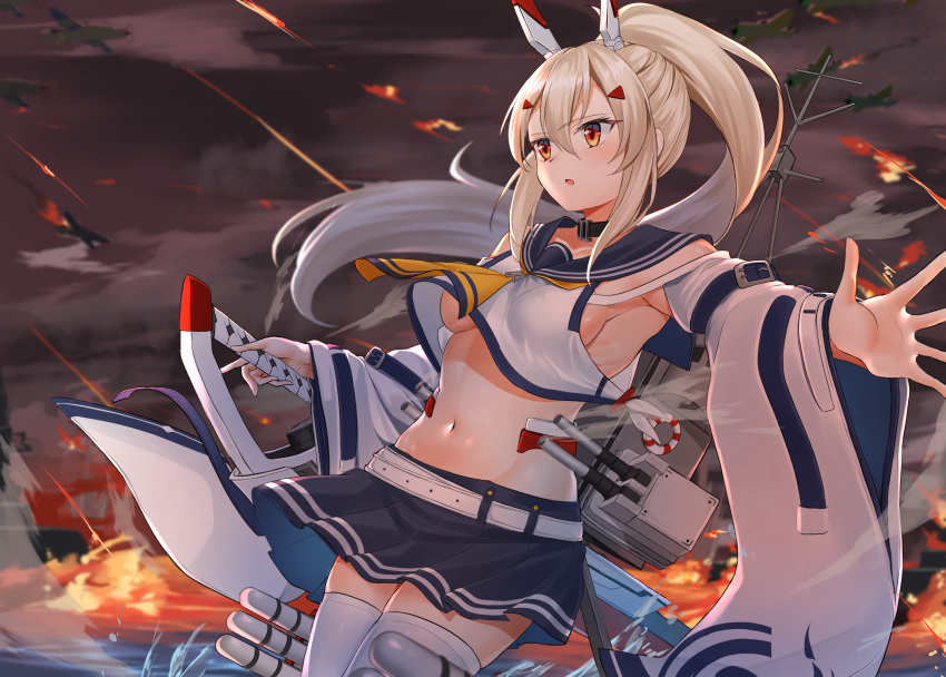 1girl absurdres aircraft airplane armpits ayanami_(azur_lane) azur_lane bangs belt black_choker blue_sailor_collar blue_skirt breasts choker clouds cloudy_sky commentary_request crop_top crop_top_overhang detached_sleeves determined fire firing hair_between_eyes highres holding holding_sword holding_weapon long_hair long_ponytail long_sleeves medium_breasts midriff navel neckerchief ocean orange_eyes outdoors outstretched_arm platinum_blonde_hair pleated_skirt retrofit_(azur_lane) rigging sailor_collar skirt sky solo standing standing_on_liquid sword takenoko_27074918 thigh-highs torpedo_tubes weapon white_legwear wide_sleeves yellow_neckwear