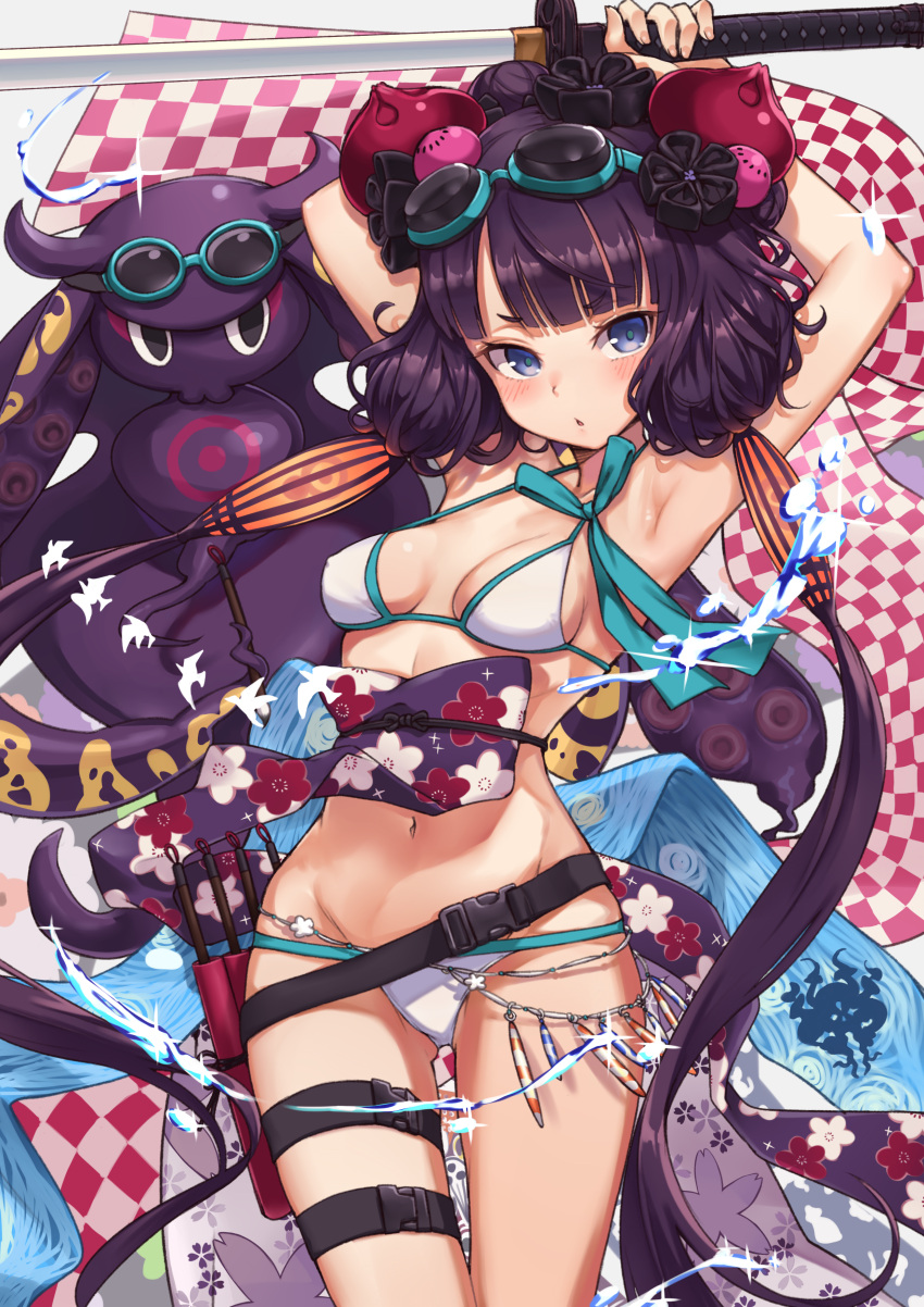 1girl absurdres armpits arms_up ass_visible_through_thighs bangs bikini blue_eyes blunt_bangs blush breasts commentary_request cowboy_shot eyewear_on_head fate/grand_order fate_(series) flower goggles goggles_on_head hair_flower hair_ornament highres ivan_wang katana katsushika_hokusai_(swimsuit_saber)_(fate) long_hair looking_at_viewer low_twintails navel obi parted_lips purple_hair sash small_breasts solo swimsuit sword thigh_strap twintails very_long_hair weapon white_bikini