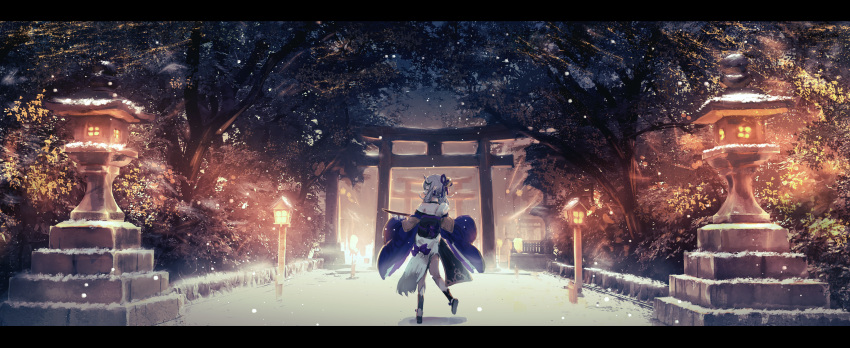 1girl :d ^_^ absurdres bare_shoulders black_footwear bow closed_eyes commentary_request grey_hair hair_ribbon highres horns japanese_clothes kimono kumamoto_nomii-kun lantern long_sleeves night night_sky nijisanji off_shoulder oni oni_horns open_mouth outdoors pointy_ears profile purple_bow purple_kimono purple_ribbon ribbon rindou_mikoto shoe_soles sky smile snow snowing solo standing standing_on_one_leg torii tree virtual_youtuber wide_shot wide_sleeves