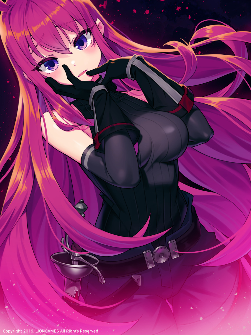 1girl ass_visible_through_thighs bangs bare_shoulders belt black_belt black_gloves black_pants black_sweater blush breasts character_request commentary_request detached_sleeves dutch_angle eyebrows_visible_through_hair gloves grey_sleeves hair_between_eyes highres korean_commentary lim_jaejin long_hair long_sleeves looking_at_viewer medium_breasts official_art pants parted_lips pink_hair ribbed_sweater sleeveless_sweater smile solo soul_worker sweater thigh_gap very_long_hair violet_eyes watermark