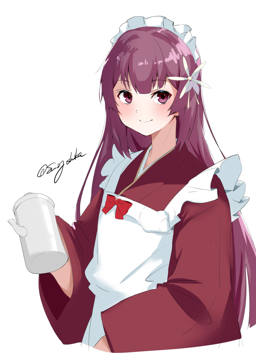 1girl absurdres apron flower hair_flower hair_ornament highres japanese_clothes kamikaze_(kantai_collection) kantai_collection kimono long_hair looking_at_viewer maid_headdress pitcher purple_hair red_kimono signature simple_background smile solo sui_(sui27shika) upper_body violet_eyes wa_maid white_background