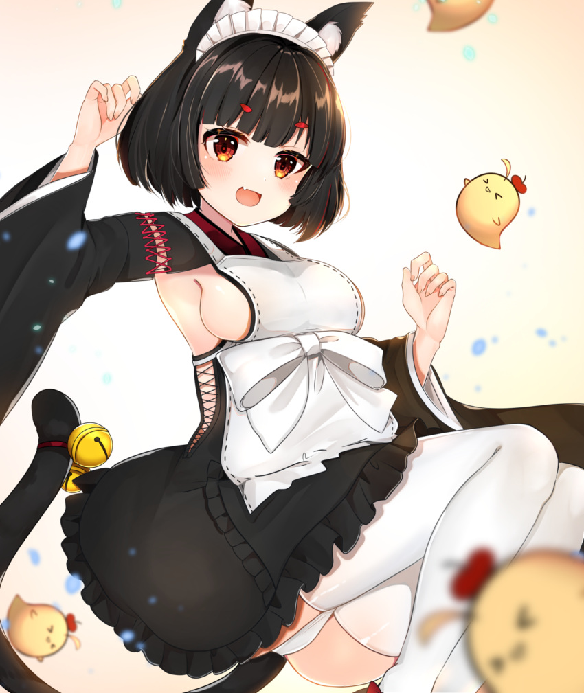 1girl :d animal animal_ear_fluff animal_ears apron arm_up azur_lane bangs bell bird black_hair black_kimono blurry blurry_background blurry_foreground blush breasts brown_eyes cat_ears cat_girl cat_tail chick commentary_request depth_of_field eyebrows_visible_through_hair fang feet_out_of_frame highres japanese_clothes jingle_bell katsushika_pachi kimono large_breasts long_sleeves maid_headdress manjuu_(azur_lane) multicolored_hair open_mouth panties redhead short_eyebrows short_hair sideboob smile solo streaked_hair tail tail_bell thick_eyebrows thigh-highs underwear white_apron white_legwear white_panties wide_sleeves yamashiro_(azur_lane)