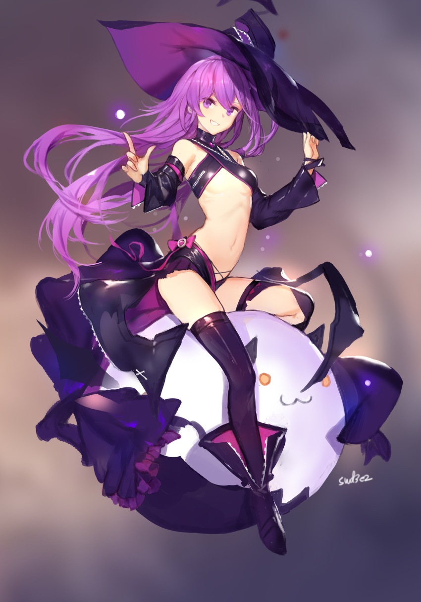 1girl aisha_landar artist_name black_legwear boots breasts detached_sleeves elsword full_body grin hand_on_headwear hat highres long_hair looking_at_viewer midriff miniskirt navel pleated_skirt purple_hair revealing_clothes skirt small_breasts smile solo swd3e2 thigh-highs under_boob violet_eyes witch_hat