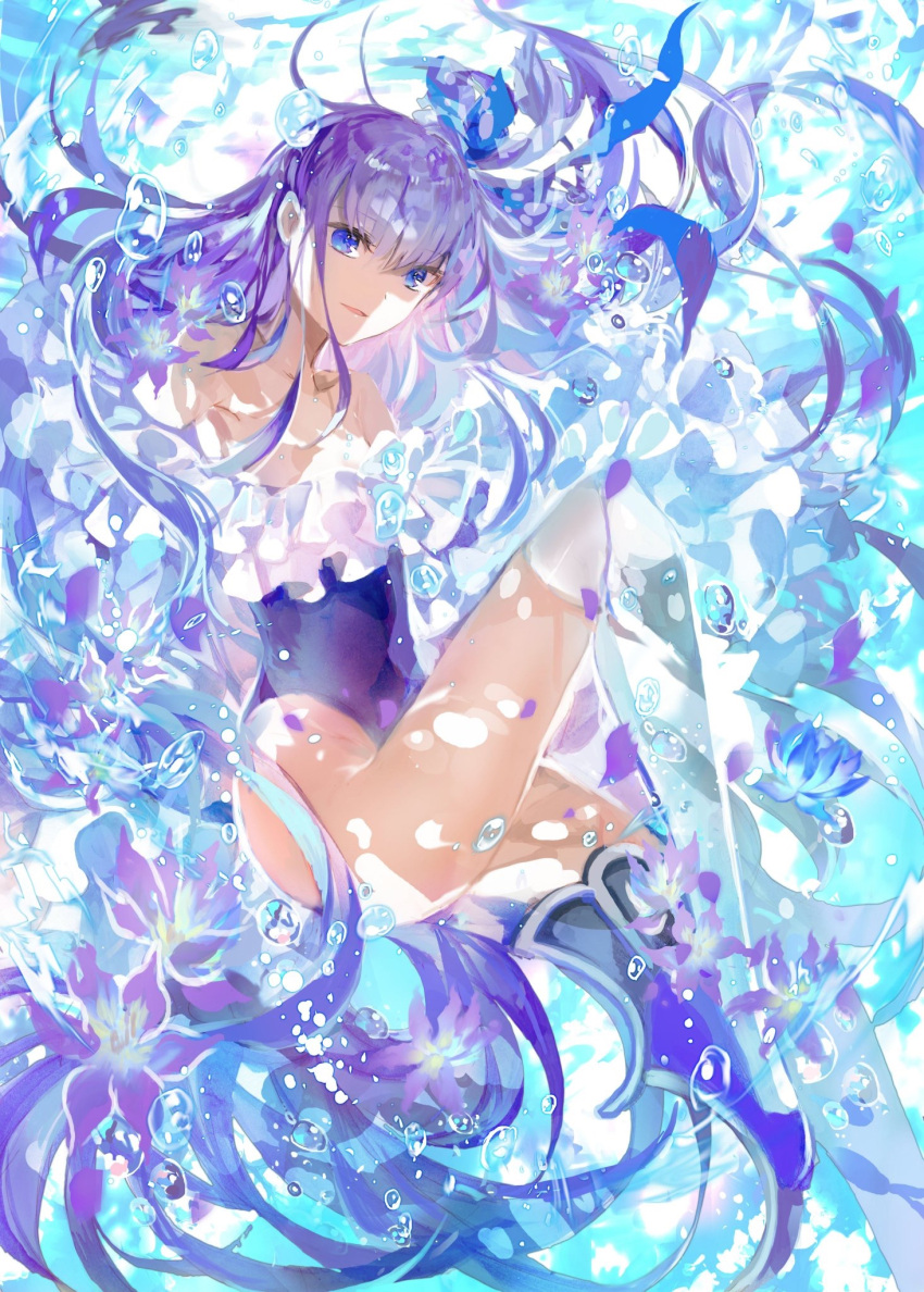 1girl air_bubble bangs bare_shoulders blue_eyes blue_ribbon blue_swimsuit breasts bubble choker collarbone covered_navel fate/grand_order fate_(series) frills greaves hair_between_eyes highleg highleg_swimsuit highres legs long_hair long_sleeves looking_at_viewer meltryllis meltryllis_(swimsuit_lancer)_(fate) one-piece_swimsuit parted_lips purple_hair ribbon rioka_(southern_blue_sky) sleeves_past_fingers sleeves_past_wrists small_breasts smile swimming swimsuit underwater very_long_hair