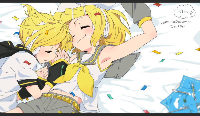 1boy 1girl arm_warmers belt black_collar black_sleeves blonde_hair bow candle character_name closed_eyes collar collared_shirt commentary confetti fork grey_collar grey_shorts grey_sleeves hair_bow hair_ornament hairclip hand_up happy_birthday headphones headset heart holding_hands iihoneikotu kagamine_len kagamine_rin light_blush midriff napkin navel parted_lips school_uniform shirt short_ponytail short_sleeves shorts siblings sleeping smile spiky_hair twins vocaloid white_bow white_shirt