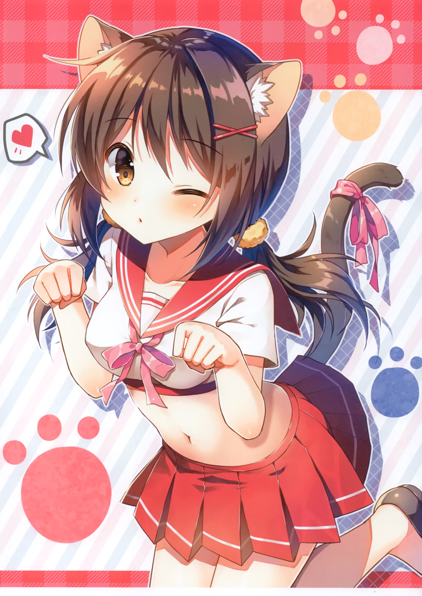 1girl absurdres animal_ear_fluff animal_ears black_footwear breasts brown_eyes brown_hair cat_ears cat_girl cat_tail collarbone crop_top hair_ornament hair_scrunchie hands_up heart highres leg_up loafers long_hair looking_at_viewer low_twintails mauve medium_breasts midriff miniskirt navel one_eye_closed original parted_lips paw_background paw_pose pleated_skirt red_sailor_collar red_skirt ribbon sailor_collar scan school_uniform scrunchie serafuku shirt shoes short_sleeves skirt solo spoken_heart stomach tail tail_ribbon twintails white_shirt x_hair_ornament