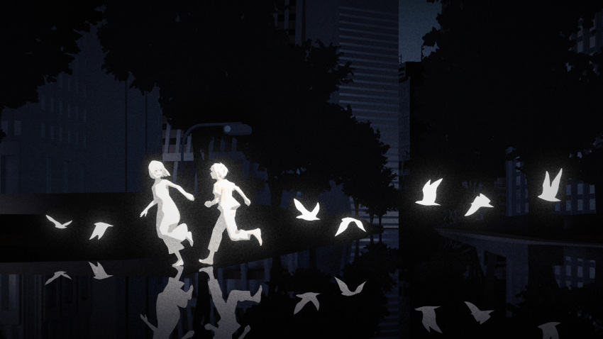 1boy 1girl bird blurry bob_cut building city commentary dark depth_of_field dress film_grain highres looking_at_another looking_back namito open_mouth original reflection running short_hair silhouette smile traffic_light