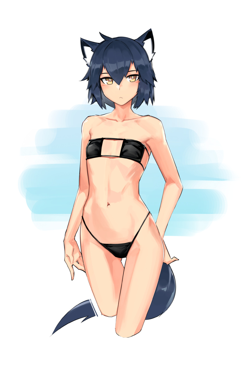 1girl animal_ear_fluff animal_ears ass_visible_through_thighs bikini black_bikini black_hair cat_ears cat_tail cropped_legs deel_(rkeg) eyepatch_bikini flat_chest highleg highleg_bikini highres looking_at_viewer original ramn short_hair simple_background solo swimsuit tail yellow_eyes