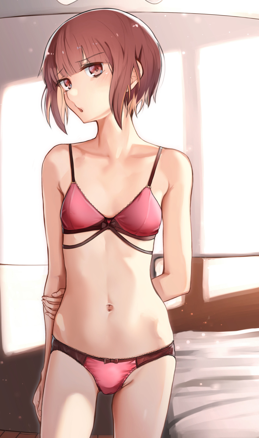 1girl :o bangs bed bed_sheet blunt_bangs blush bra breasts brown_eyes brown_hair collarbone eyebrows_visible_through_hair highres indoors kabayaki_namazu kantai_collection lingerie navel panties red_bra red_panties short_hair small_breasts solo thighs underwear z3_max_schultz_(kantai_collection)