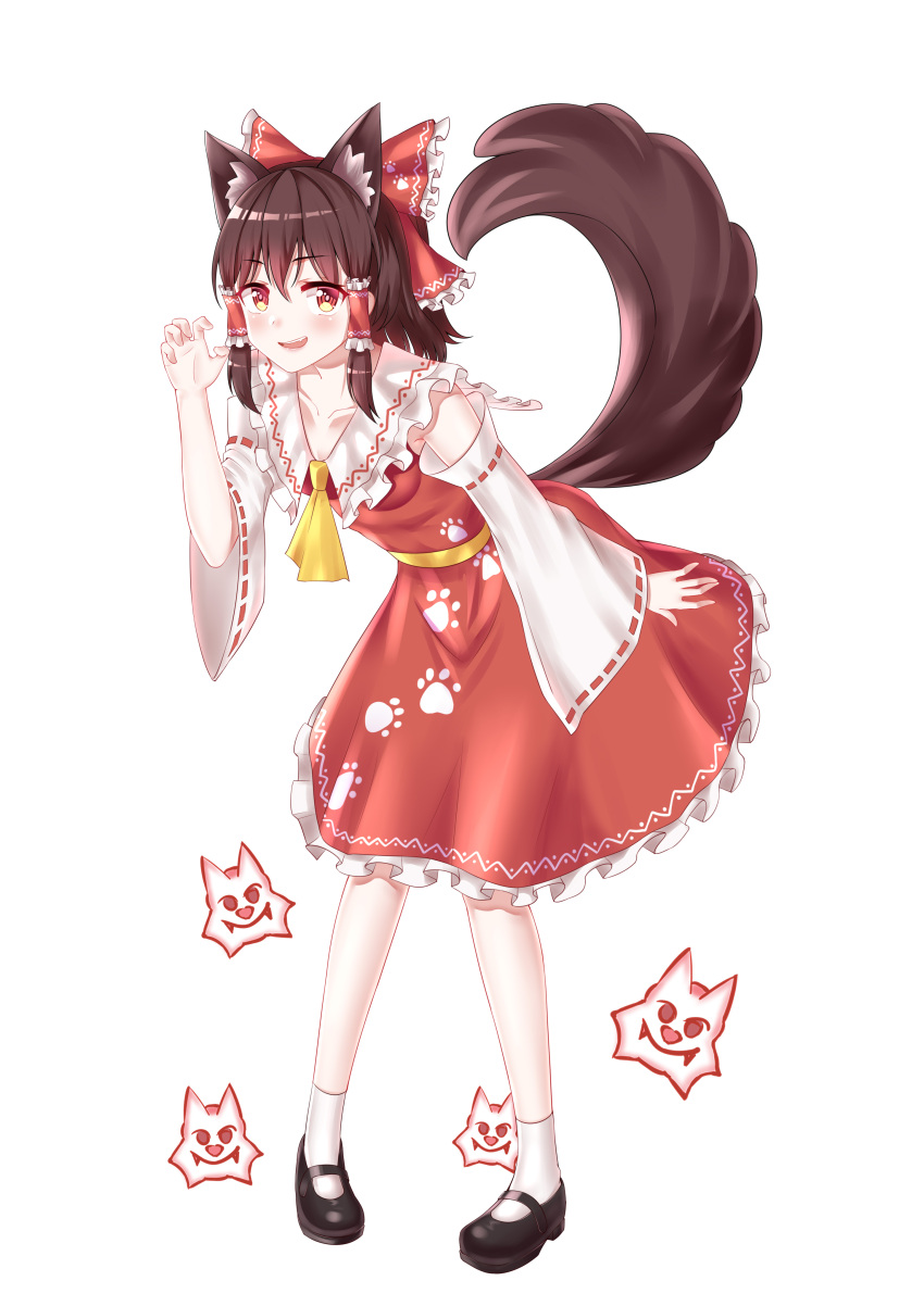 1girl :d absurdres ailu_elf animal_ear_fluff animal_ears ascot bangs black_footwear bow brown_hair chinese_commentary claw_pose collarbone commentary_request detached_sleeves dress eyebrows_visible_through_hair fang frilled_bow frilled_shirt_collar frills full_body hair_between_eyes hair_bow hair_tubes hakurei_reimu hand_up highres leaning_forward long_sleeves looking_at_viewer mary_janes open_mouth paw_print petticoat red_bow red_dress red_eyes ribbon-trimmed_sleeves ribbon_trim sash shoes short_hair sidelocks simple_background smile socks solo standing tail touhou white_background white_legwear wide_sleeves wily_beast_and_weakest_creature wolf_ears wolf_tail yellow_neckwear yellow_sash