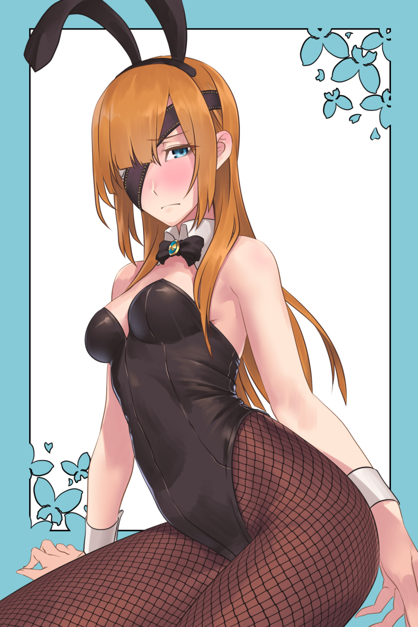 1girl animal_ears bangs bare_shoulders black_leotard blue_eyes blunt_bangs blush brown_hair bunnysuit closed_mouth detached_collar eyebrows_visible_through_hair eyepatch fake_animal_ears fate_(series) fishnet_pantyhose fishnets hair_over_one_eye highres hikichi_sakuya leotard long_hair looking_at_viewer ophelia_phamrsolone pantyhose rabbit_ears solo strapless strapless_leotard wrist_cuffs