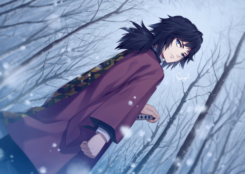 1boy bare_tree black_hair blue_eyes clenched_hand closed_mouth commentary_request dutch_angle haori japanese_clothes kimetsu_no_yaiba long_sleeves looking_back low_ponytail male_focus outdoors rupinesu signature snowing solo standing sword tomioka_giyuu tree weapon wide_sleeves winter