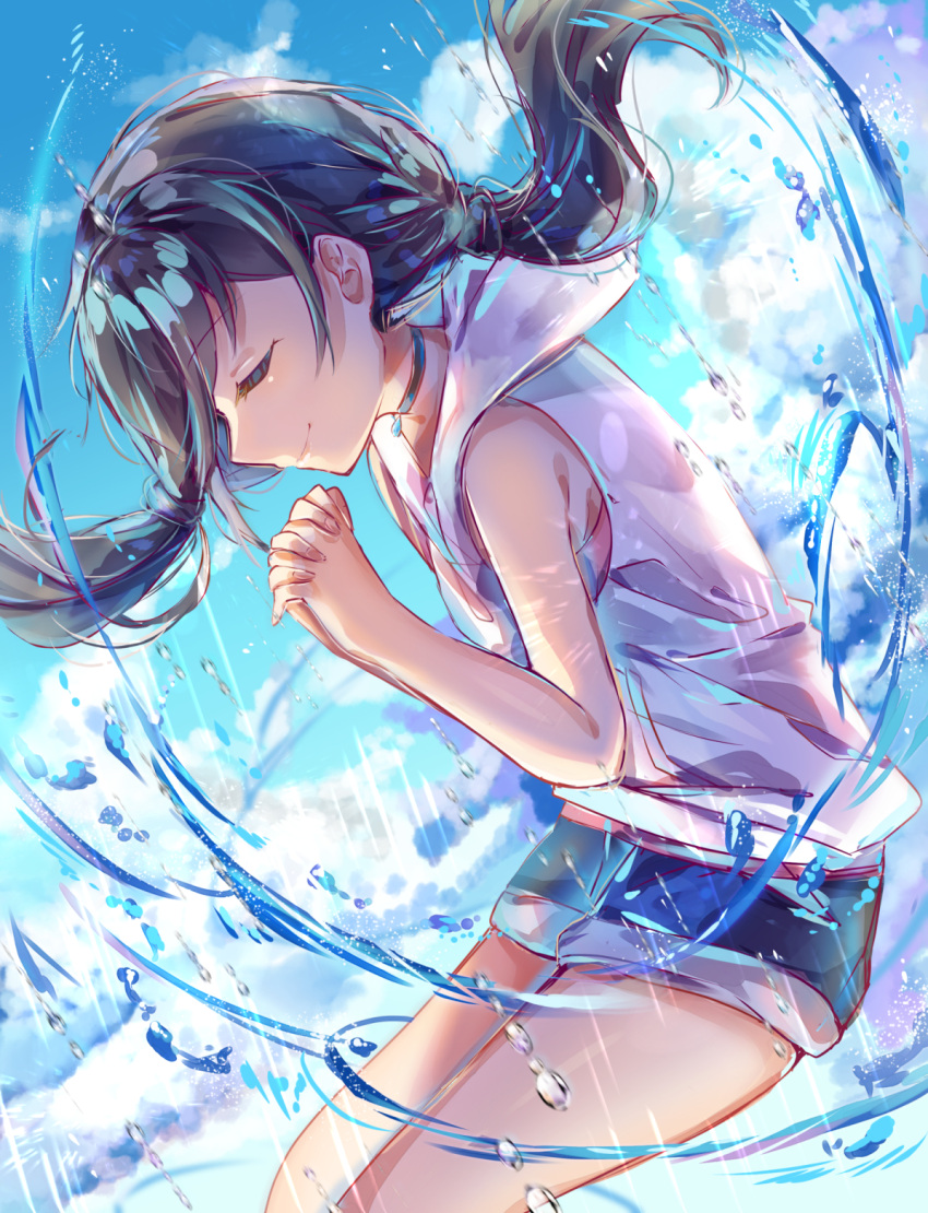 1girl amano_hina_(tenki_no_ko) ayatsuki_sugure bangs bare_arms bare_shoulders black_hair black_neckwear blue_neckwear blurry blurry_background choker closed_eyes clouds cloudy_sky eyebrows_visible_through_hair highres hood hood_down hooded_jacket hoodie interlocked_fingers jacket jewelry long_hair low_twintails own_hands_together pendant short_shorts shorts sky sleeveless sleeveless_hoodie sleeveless_jacket smile solo tenki_no_ko thighs twintails water_drop water_stream white_jacket