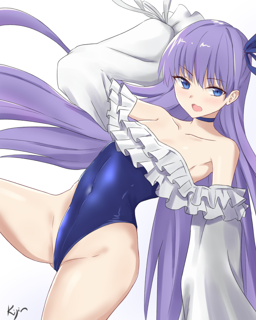 1girl absurdres bangs bare_shoulders blue_eyes blue_ribbon blue_swimsuit blush breasts choker collarbone fate/grand_order fate_(series) frills hair_between_eyes hair_ribbon highleg highleg_swimsuit highres kijin_7 long_hair long_sleeves looking_at_viewer meltryllis meltryllis_(swimsuit_lancer)_(fate) one-piece_swimsuit open_mouth puffy_sleeves purple_hair ribbon simple_background sleeves_past_fingers sleeves_past_wrists small_breasts solo swimsuit thighs very_long_hair white_background