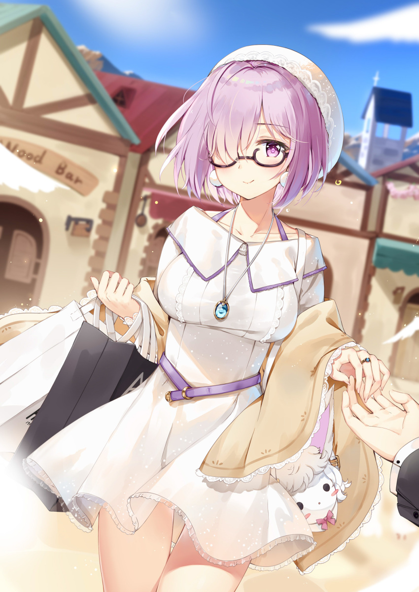 1boy 1girl bag bangs bare_shoulders black-framed_eyewear blue_sky blurry blurry_background blush breasts building closed_mouth clouds collarbone commentary_request day depth_of_field dress eyebrows_visible_through_hair fate/grand_order fate_(series) fingernails fou_(fate/grand_order) glasses hair_over_one_eye highres holding holding_bag holding_hands jewelry long_sleeves mash_kyrielight maya_g medium_breasts off-shoulder_dress off_shoulder outdoors paper_bag pendant pleated_dress purple_hair ring see-through semi-rimless_eyewear shopping_bag sky smile solo_focus under-rim_eyewear violet_eyes white_dress