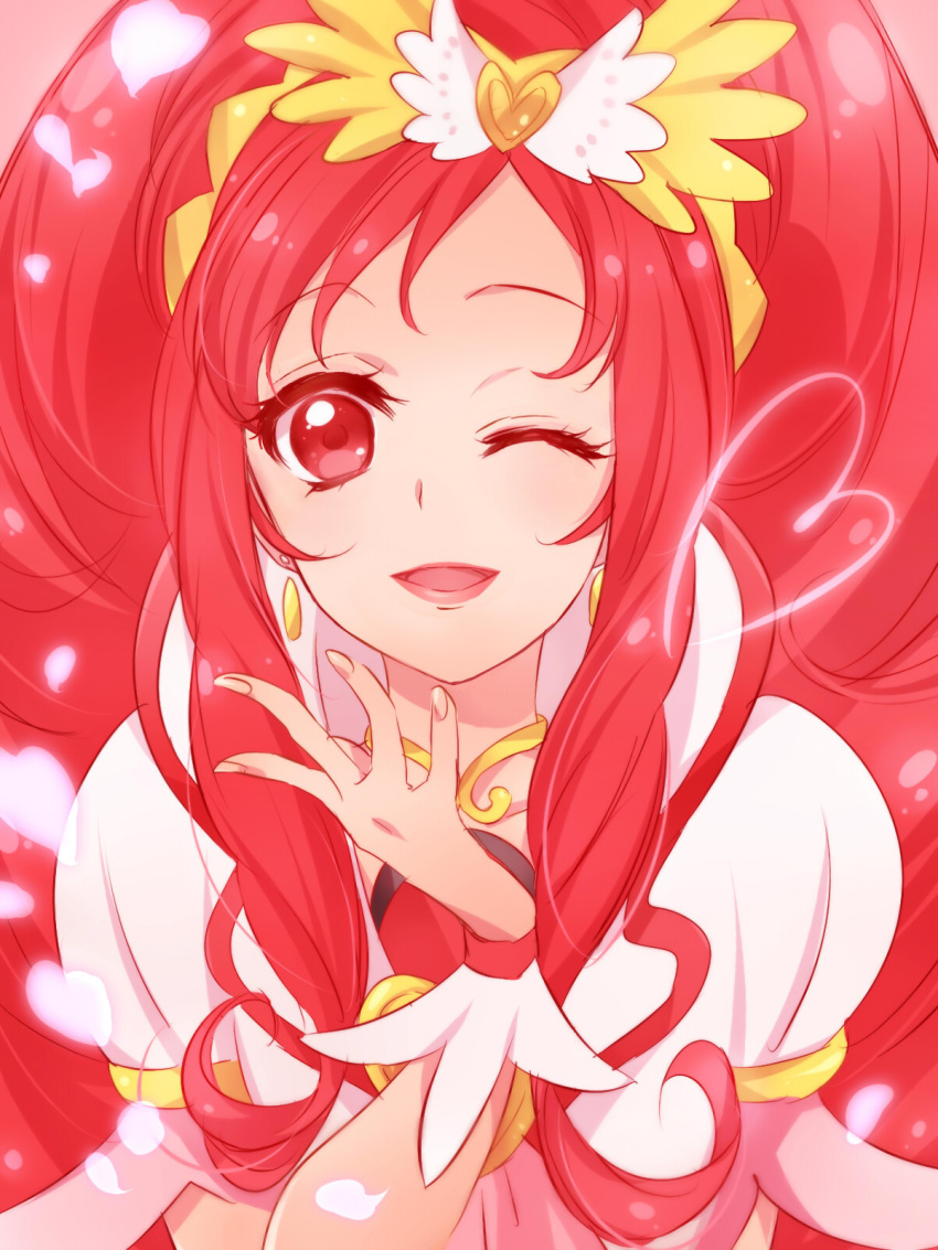 1girl ;d bangs collarbone cure_ace dokidoki!_precure earrings eyebrows_visible_through_hair hair_ornament heart heart_hair_ornament highres jewelry long_hair looking_at_viewer madoka_aguri one_eye_closed open_mouth parted_bangs petals precure red_eyes redhead shiny shiny_hair shipu_(gassyumaron) short_sleeves smile solo upper_body very_long_hair wrist_cuffs