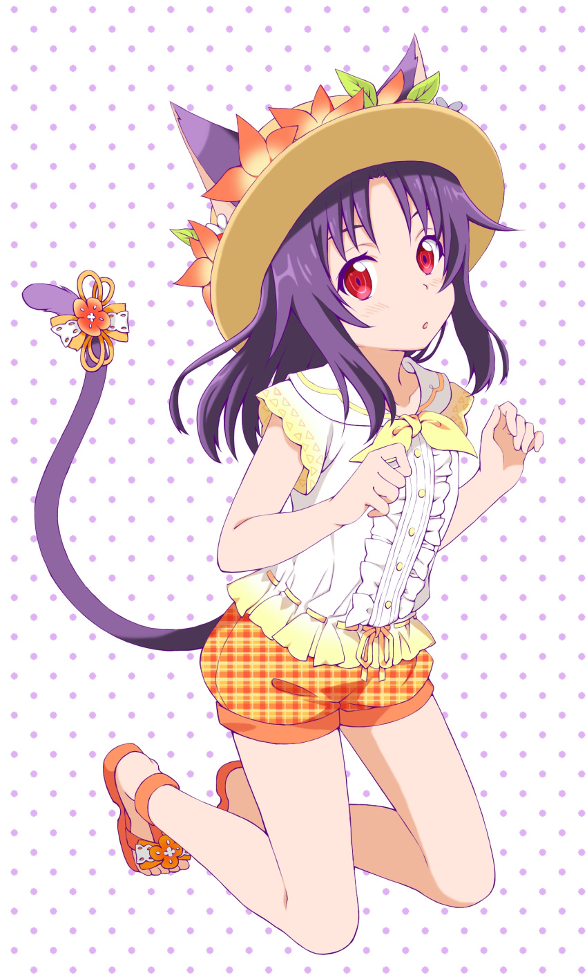 1girl :o absurdres alternate_costume animal_ears bangs blush bow cat_ears cat_tail collarbone commentary_request flower hat hat_flower highres kneeling long_hair looking_at_viewer miduki0622 orange_shorts polka_dot polka_dot_background purple_hair red_eyes shirt short_shorts short_sleeves shorts simple_background solo sun_hat sword_art_online tail tail_bow white_shirt yuuki_(sao)
