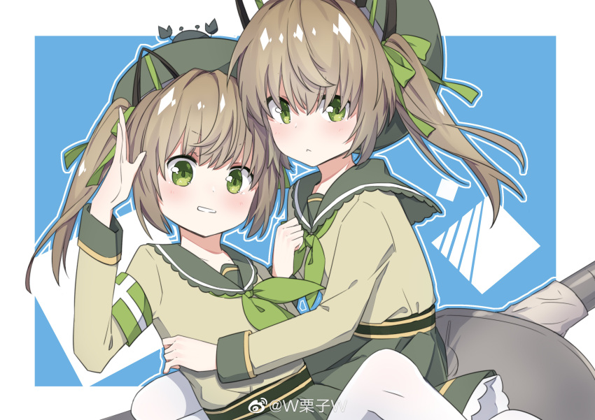 2girls :&lt; abercrombie_(warship_girls_r) absurdres animal_ears armband beret brown_hair cat_ears crab fake_animal_ears green_eyes hair_ornament hair_ribbon hat highres long_hair looking_at_viewer multiple_girls pantyhose ribbon roberts_(warship_girls_r) salute school_uniform side_ponytail simple_background warship_girls_r weibo_username white_legwear