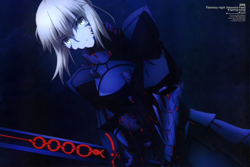 1girl absurdres armor arthur_pendragon_(fate) artist_request artoria_pendragon_(all) black_armor blonde_hair fate/stay_night fate_(series) heaven's_feel highres looking_at_viewer saber saber_alter short_hair sword weapon white_hair