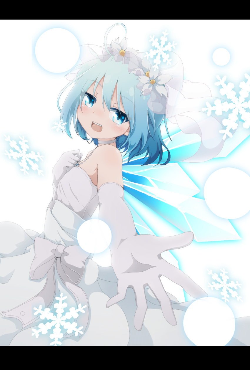 1girl :d ahoge bangs bare_shoulders blue_eyes blue_hair bow choker cirno commentary_request do_(4-rt) dress elbow_gloves eyebrows_visible_through_hair flower foreshortening from_side gloves hair_flower hair_ornament hand_on_own_chest highres jewelry letterboxed looking_at_viewer necklace open_mouth outstretched_arm reaching_out short_hair smile snowflakes solo strapless strapless_dress touhou veil wedding_dress white_bow white_choker white_dress white_flower white_gloves wings