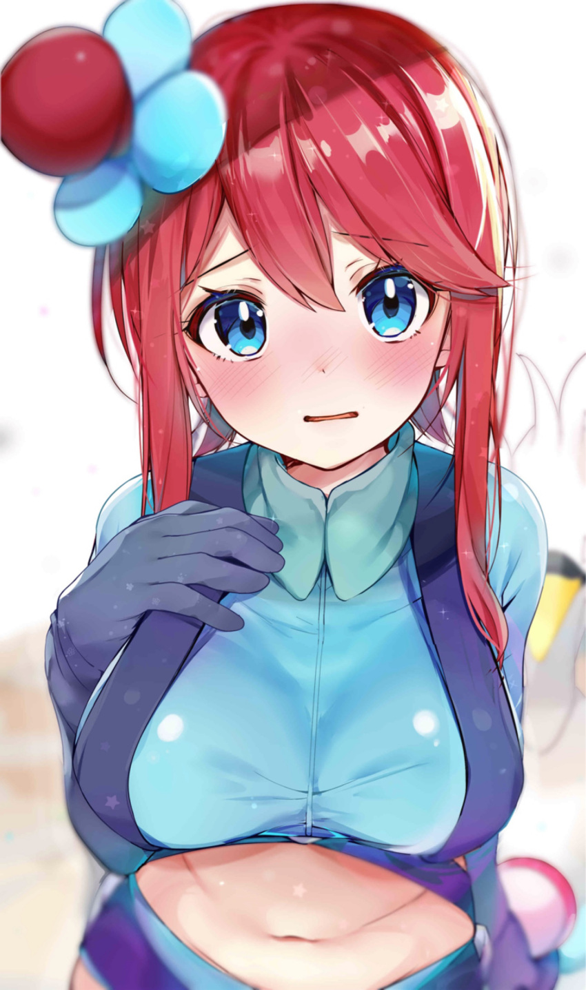 1girl absurdres blue_eyes blush breasts commentary_request eyebrows_visible_through_hair fuuro_(pokemon) hair_between_eyes hair_ornament highres large_breasts looking_at_viewer midriff navel parted_lips pokemon redhead rouka_(akatyann) sidelocks