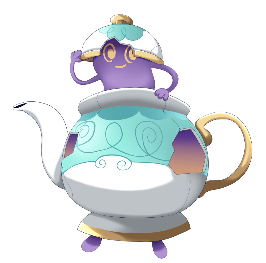 @_@ closed_mouth full_body gen_8_pokemon highres no_humans pokemon pokemon_(creature) pokemon_(game) pokemon_swsh polteageist simple_background smile solo standing teapot user_pcyc3738 white_background