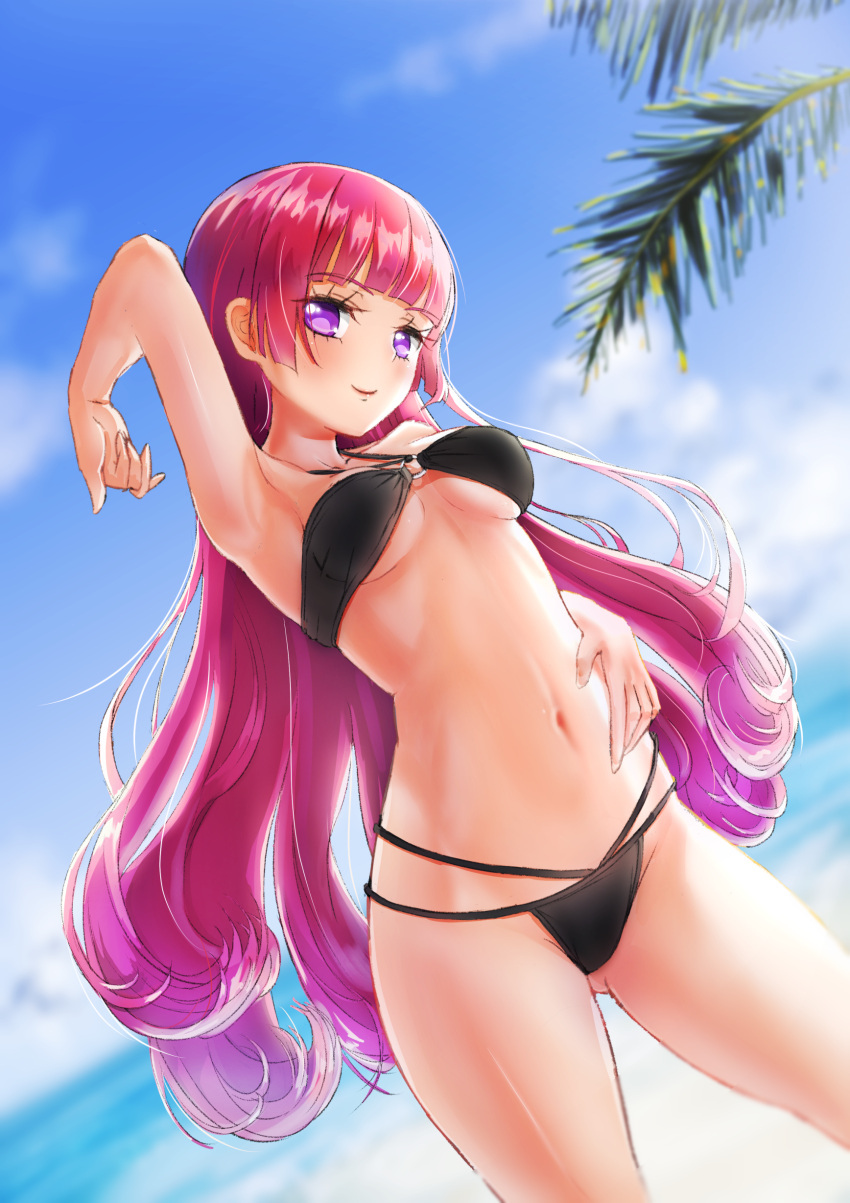 1girl absurdres arm_up armpits ass_visible_through_thighs bikini black_bikini blue_sky blurry blurry_background blush breasts closed_mouth collarbone commentary cowboy_shot day highres hime_cut houjou_sophie idol_time_pripara kawosu_shikou long_hair looking_at_viewer medium_breasts navel outdoors palm_tree pink_hair pretty_(series) pripara sky smile solo swimsuit tree under_boob very_long_hair violet_eyes