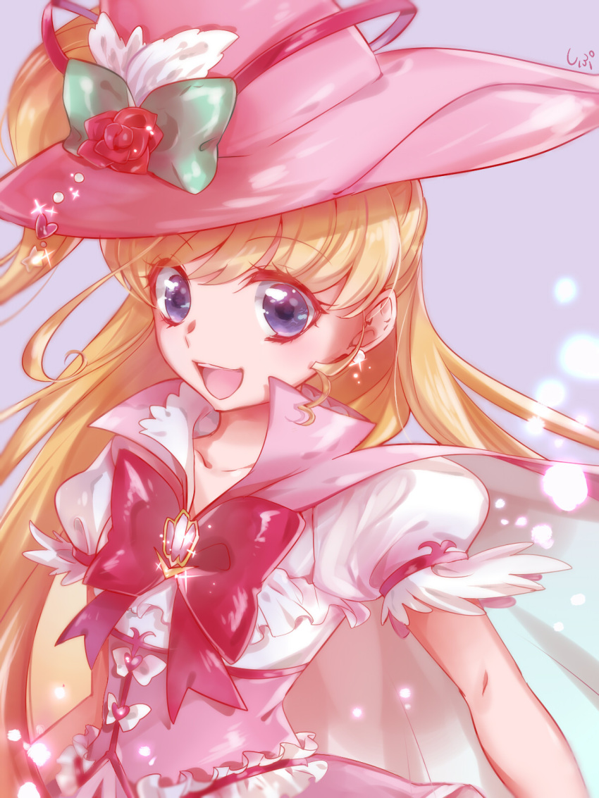 1girl :d aqua_bow asahina_mirai bangs blonde_hair blue_eyes bow bustier collarbone cure_miracle earrings eyebrows_visible_through_hair floating_hair flower grey_background hat hat_bow hat_feather hat_flower heart_hat_ornament high_ponytail highres jewelry long_hair mahou_girls_precure! open_mouth pink_headwear precure red_flower rose shipu_(gassyumaron) shirt short_sleeves side_ponytail simple_background smile solo upper_body very_long_hair white_feathers white_shirt witch_hat