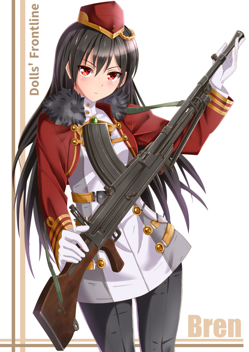 1girl bangs black_hair black_legwear blush breasts bren_(girls_frontline) bren_lmg character_name closed_mouth copyright_name fur_trim girls_frontline gloves gun hat highres holding holding_gun holding_weapon jacket long_hair military military_uniform pantyhose red_eyes red_headwear sebunsu sling solo uniform weapon white_gloves