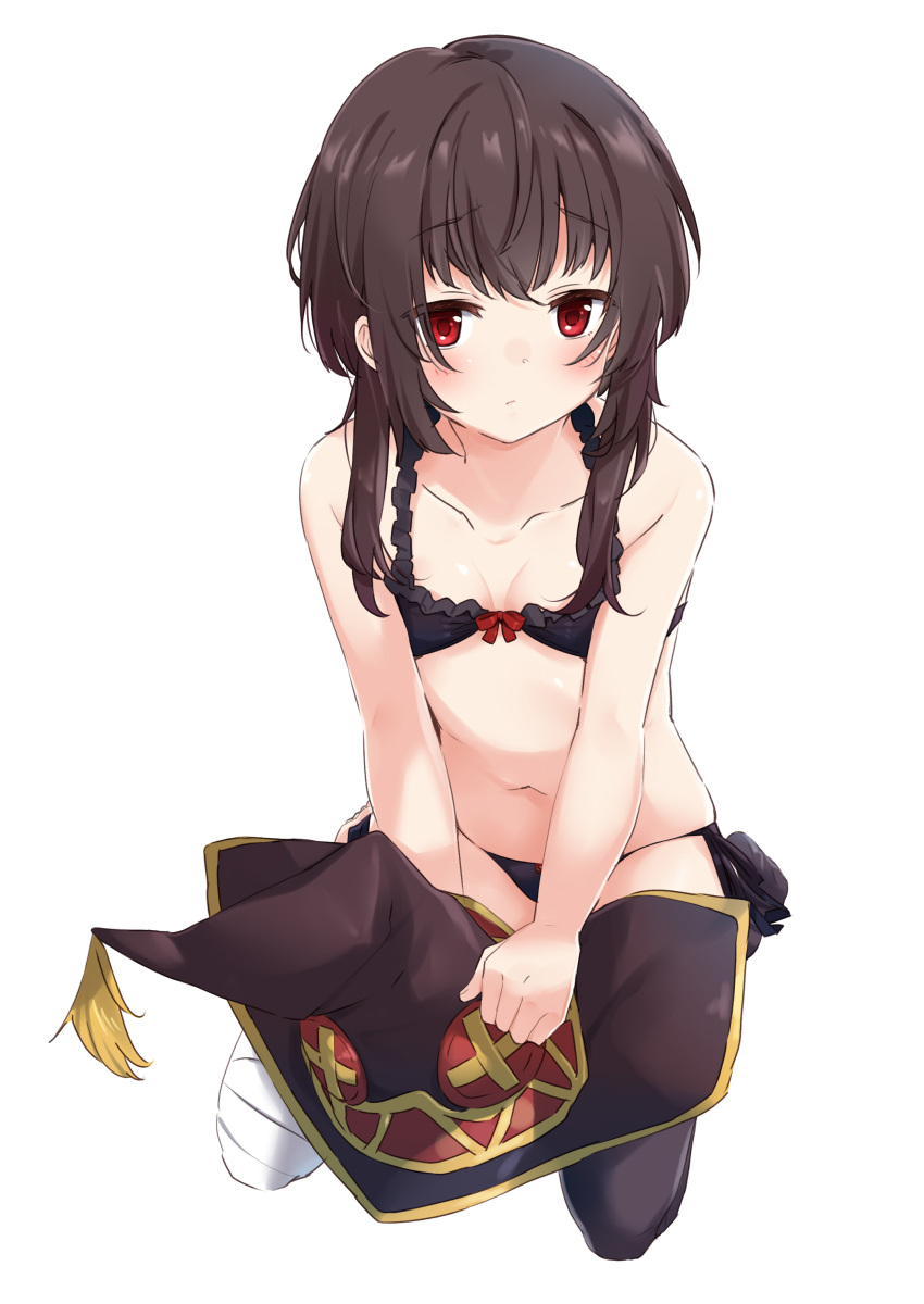 1girl absurdres bandaged_leg bandages blush bra breasts brown_hair closed_mouth eyebrows_visible_through_hair hat highres kono_subarashii_sekai_ni_shukufuku_wo! lace lace-trimmed_bra lace-trimmed_panties long_hair looking_at_viewer megumin mismatched_legwear mousou_(mousou_temporary) panties red_eyes short_hair_with_long_locks simple_background single_thighhigh solo thigh-highs underwear underwear_only white_background witch_hat